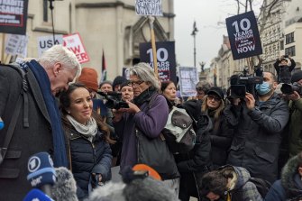 January 2022: Stella Moris joins supporters of Julian Assange outside Britain’s Royal Courts of Justice, flanked by Icelandic WikiLeaks journalist Kristinn Hrafnsson (left).