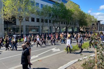 Protesters heading to Southbank in Melbourne on Saturday. 