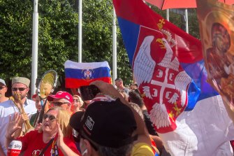 Serbian fans outside the Federal Court of Australia building in MElbourne’s CBD.