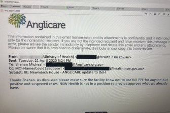 Newmarch got conflicting advice from NSW and federal officials, including this email advising staff not to wear masks unless they were treating residents who had tested positive. 