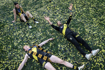 Alex Rance revels in the Tigers' grand final victory with teammates David Astbury and Dylan Grimes.