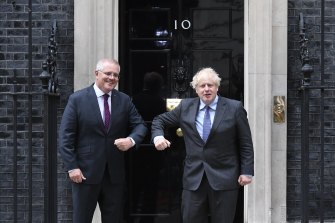 Prime Minister Scott Morrison with British Prime Minister Boris Johnson outside Downing Street.