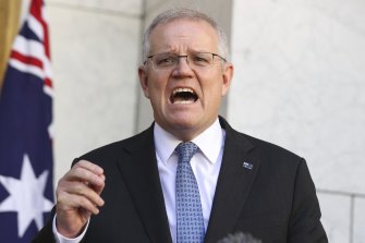 Prime Minister Scott Morrison addressing the media at todayâs press conference at Parliament House. 