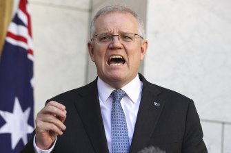 Prime Minister Scott Morrison addressing the media at todayâ€™s press conference at Parliament House. 