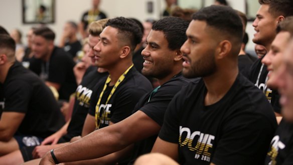Young players listen during wellbeing and engagement NRL workshops run in December. The game has a duty of care to ensure young players are supported during the shutdown.
