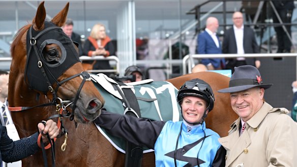 Caulfield Cup favourite Half Yours with jockey Jamie Melham and trainer Tony McEvoy.