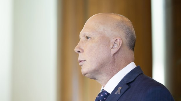 Peter Dutton addressing the media from Parliament House in Canberra.