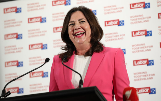 Annastacia Palaszczuk celebrates winning a third term as Queensland Premier on Saturday night. 