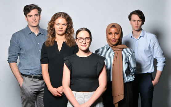 The Age’s new trainees (from left): Jackson Graham, Carla Jaeger, Nell Geraets, Najma Sambul and Lachlan Abbott.