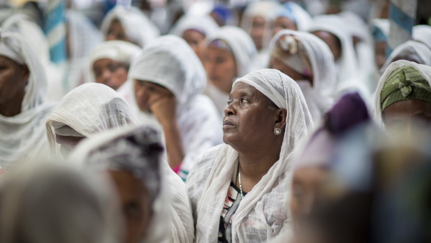 Members of Ethiopia's Jewish community listen to Ayelet Shaked on Sunday.