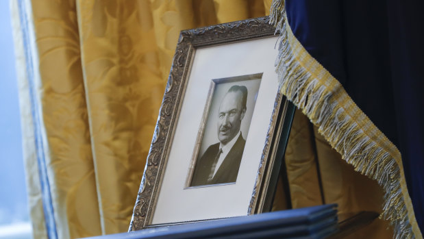 A portrait of President Donald Trump's father Fred Trump in the Oval Office in Washington. 