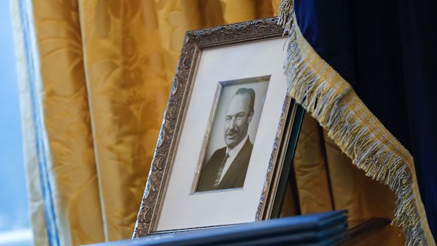 A portrait of President Donald Trump's father Fred Trump in the Oval Office in Washington. 