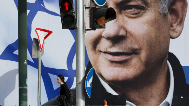 A campaign billboard showing Benjamin Netanyahu in Tel Aviv.