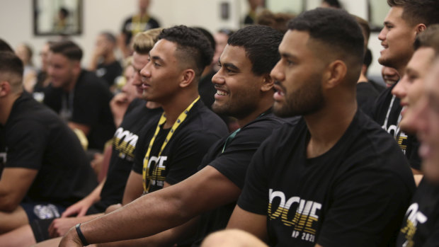 Young players listen during wellbeing and engagement NRL workshops run in December. The game has a duty of care to ensure young players are supported during the shutdown.
