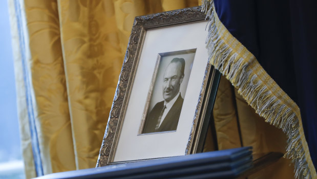 A portrait of President Donald Trump's father Fred Trump  in the Oval Office in Washington. 