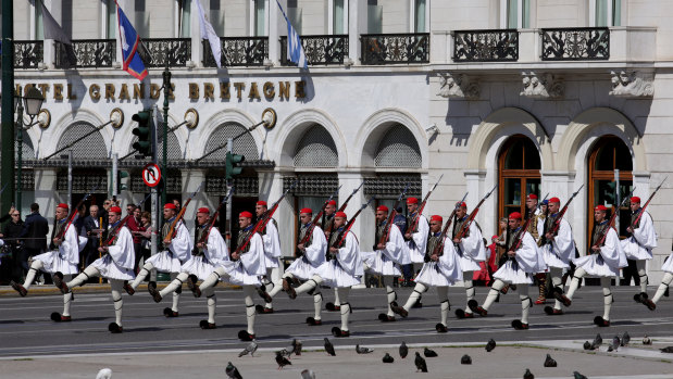 The Greek Presidential Guard during a swearing ceremony of President Katerina Sakellaropoulou in Athens.