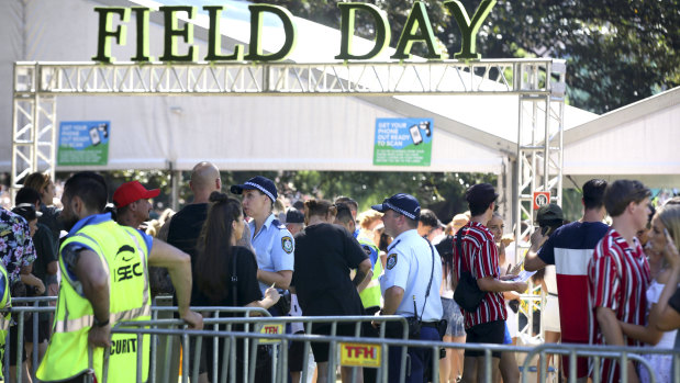 A wall of police on hand to make festival-goers feel welcome at Filed Day in Sydney.