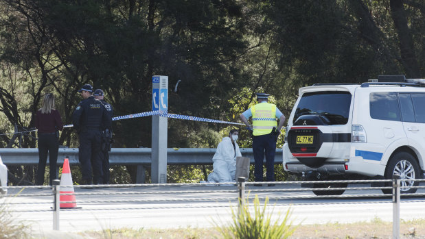 Police at the the spot along the Pacific Highway where the body was found.