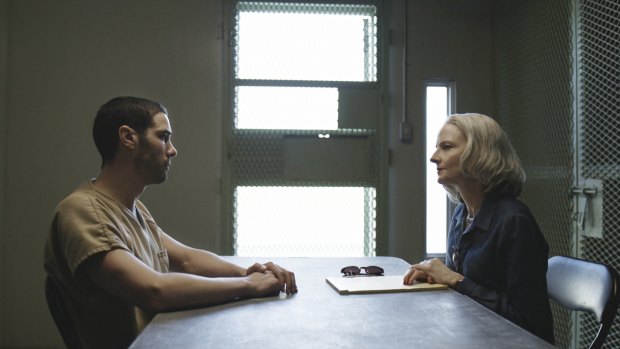 Tahar Rahim as Mohamedou Ould Salahi and Jodie Foster as Nancy Hollander in The Mauritanian. 