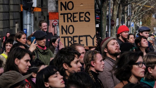 Protesters outside State Parliament on Tuesday morning.