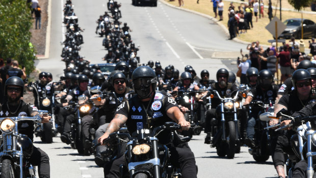 Hundreds of bikies rode from the funeral home in north Perth to Pinneroo Valley Memorial Park.