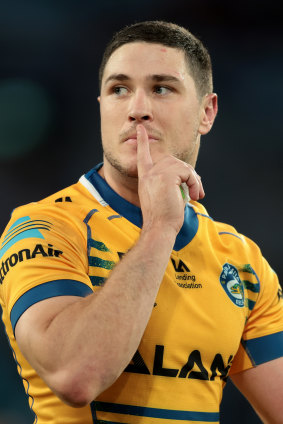 Mitchell Moses celebrates the win against the Tigers on Easter Monday.