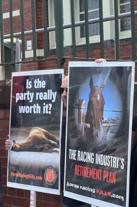 Members of the Coalition For the Protection of Race Horses protesting outside this year’s Caufield Cup 