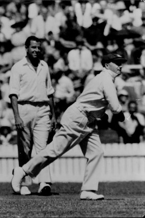 Don Bradman in the field at Maunka Oval in 1973.