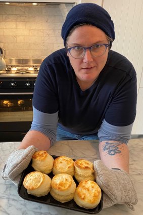 Comedian Hannah Gadsby with a batch of scones fresh out of the oven.