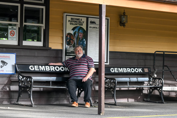 Garry McGough sits at the Puffing Billy station in Gembrook. 