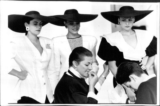 Maggie Tabberer, fashion editor of The Australian Women’s Weekly, on a fashion shoot with photographer Greg Barrett in 1987.