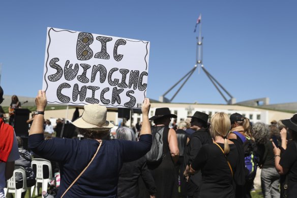 The protest outside of Parliament House in Canberra. 