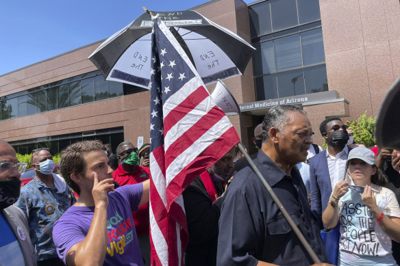 The Reverend Jesse Jackson outside the office of Senator Kyrsten Sinema in Phoenix in July, protesting her opposition to ending the filibuster to pass voting rights legislation. 