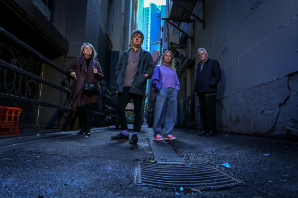 Melbourne CBD residents (from left) Jill Mellon-Robertson, Daniel Daley, Ashley Kotorac and Chris Lamb in Flinders Court, which is a popular location for drug users.