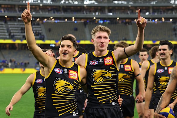 Josh Lindsay and Willem Duursma were all smiles after the Eagles’ victory in challenging conditions on Sunday.
