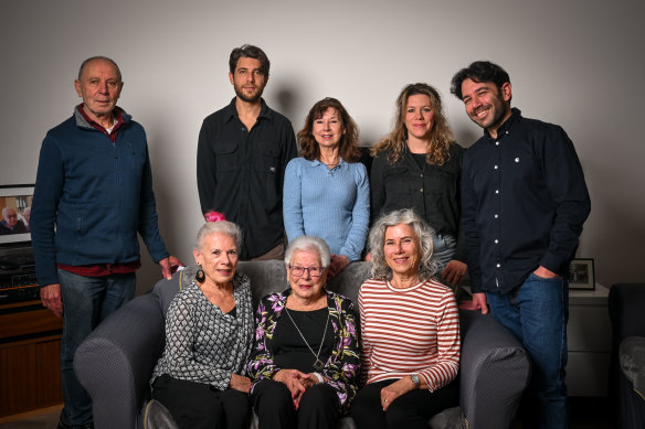 Sonja Cowan with her family at the celebration of her 100th birthday. From left to right back row: Allan Preiss, Gideon Preiss, Hilary Gould, Romy Preiss and Benjamin Preiss. Front row: Lorraine Cowan and Sandra Cowan.  