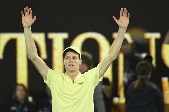 Jannik Sinner soaks up the moment on match point in the Australian Open final.