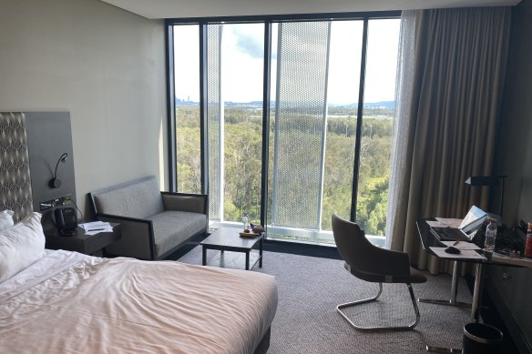 A Pullman Hotel room near Brisbane Airport that was recently used to house quarantined travellers from Perth, despite its lack of opening windows or a balcony.