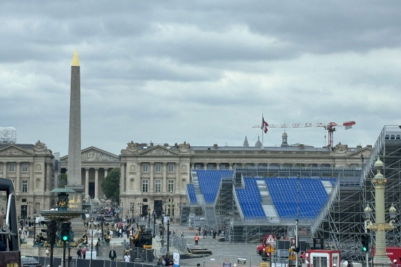 Spectator seating under construction for the Paris Olympics at Place de la Concorde. 