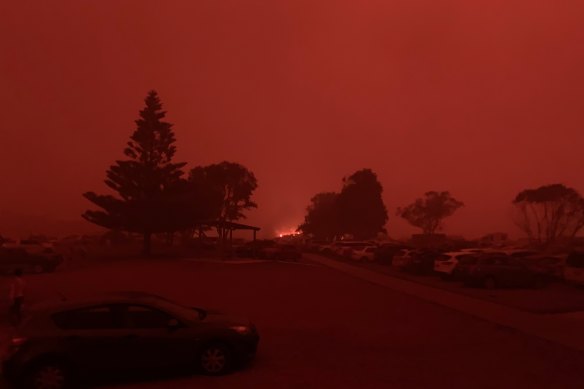 The scene during the height of the bushfires last January at Malua Beach, near NSW Transport Minister Andrew Constance's residence. Mr Constance returned home in time to put out a fire that had begun on his verandah.