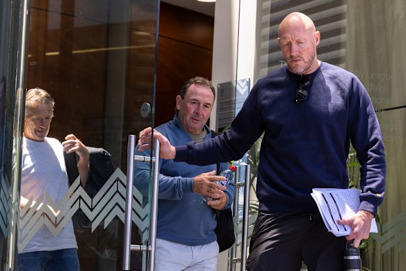 Coaches Craig Bellamy, Ricky Stuart and Craig Fitzgibbon at NRL headquarters after last month’s meeting to discuss possible rule changes. 