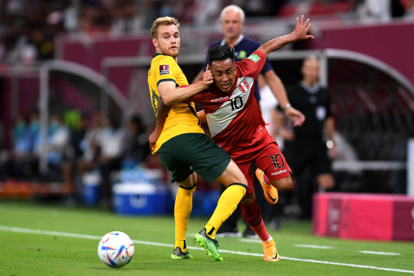 Nathaniel Atkinson in action in the Socceroos’ World Cup qualifying play-off game against Peru.