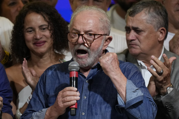 Luiz Inacio Lula da Silva speaks to supporters after defeating incumbent Jair Bolsonaro in a presidential run-off election.