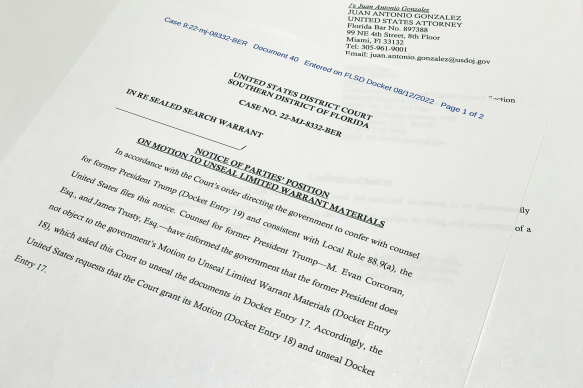 The notice filed by the US Justice Department which enabled the FBI to raid Mr Trump’s resort at Mar-a-Lago.