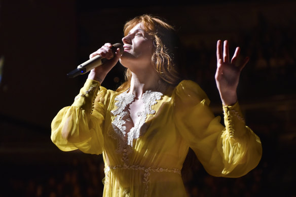 Florence Welch of Florence + the Machine performing during the High As Hope Tour in Chicago in 2018.