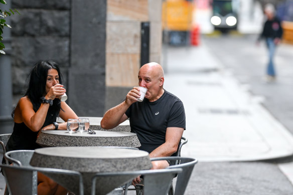 Claudia and Vas Stavrou enjoy a coffee at Brunetti in the CBD. 