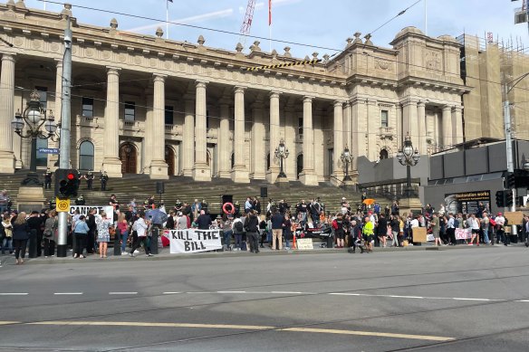 Demonstrators gathered at the steps of Parliament House on Tuesday evening.