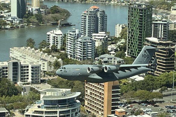 The C-17A Globemaster doing a practice run over Brisbane City on Thursday afternoon.