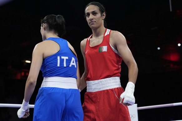 Algeria’s Imane Khelif, right, after defeating Italy’s Angela Carini, left, in their women’s 66kg preliminary boxing match.