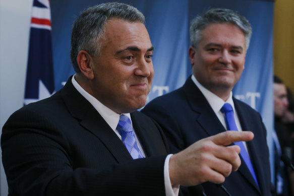 Then-treasurer Joe Hockey and then-finance minister Mathias Cormann during the 2015 budget. PwC was waiting for Hockey’s corporate tax announcement. 